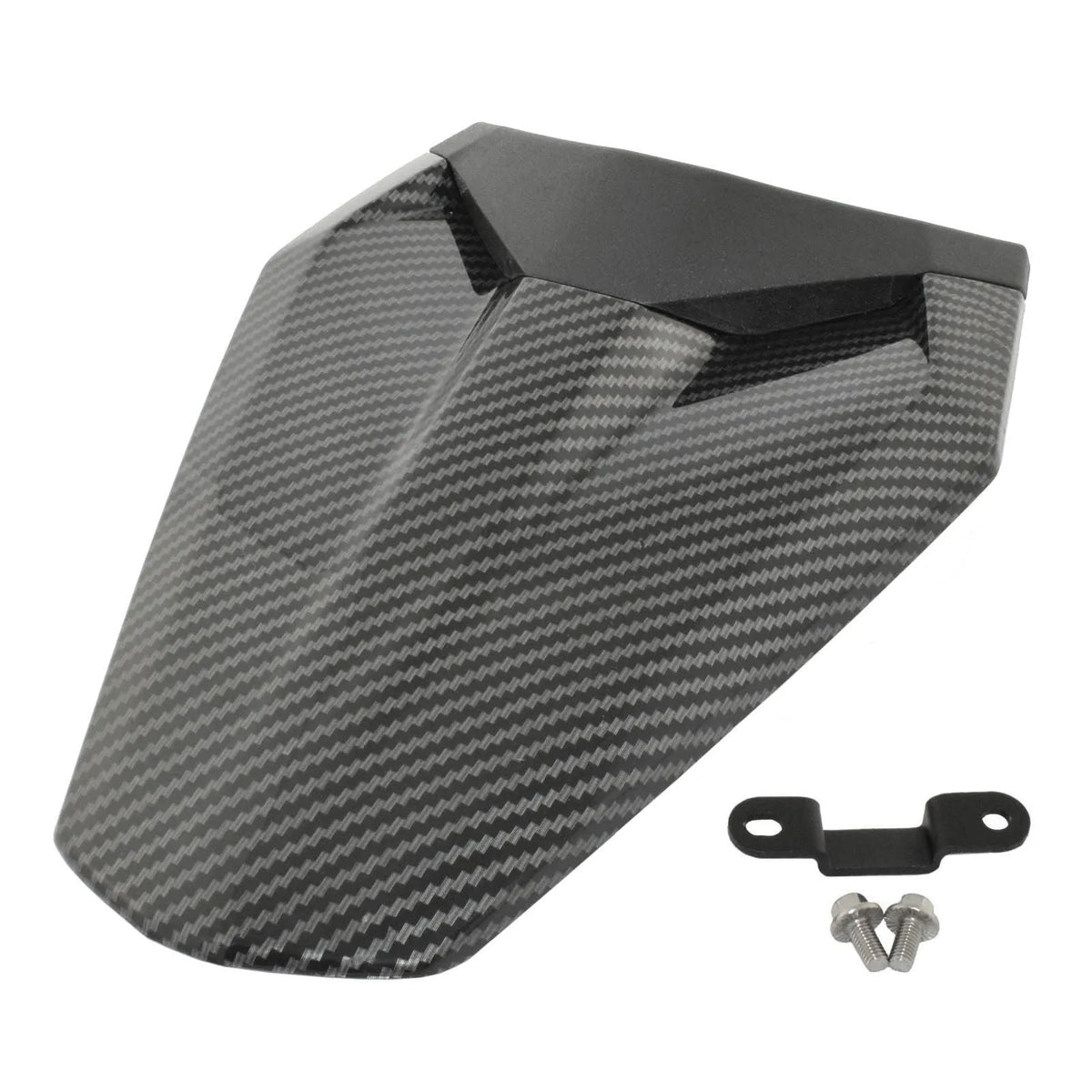 Motorcycle rear hump tail seat cover in ABS plastic, waterproof, shown in black with water transfer finish