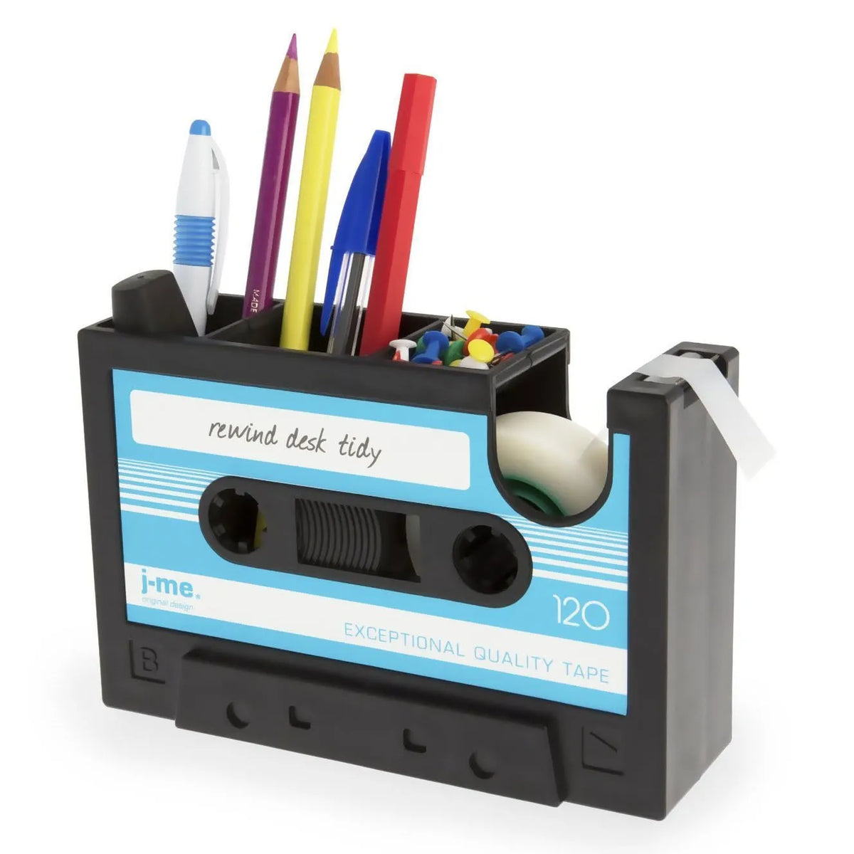 Cassette tape dispenser pen holder in ABS and stainless steel, 17x5x11.5cm, shown in black or blue with small core tape
