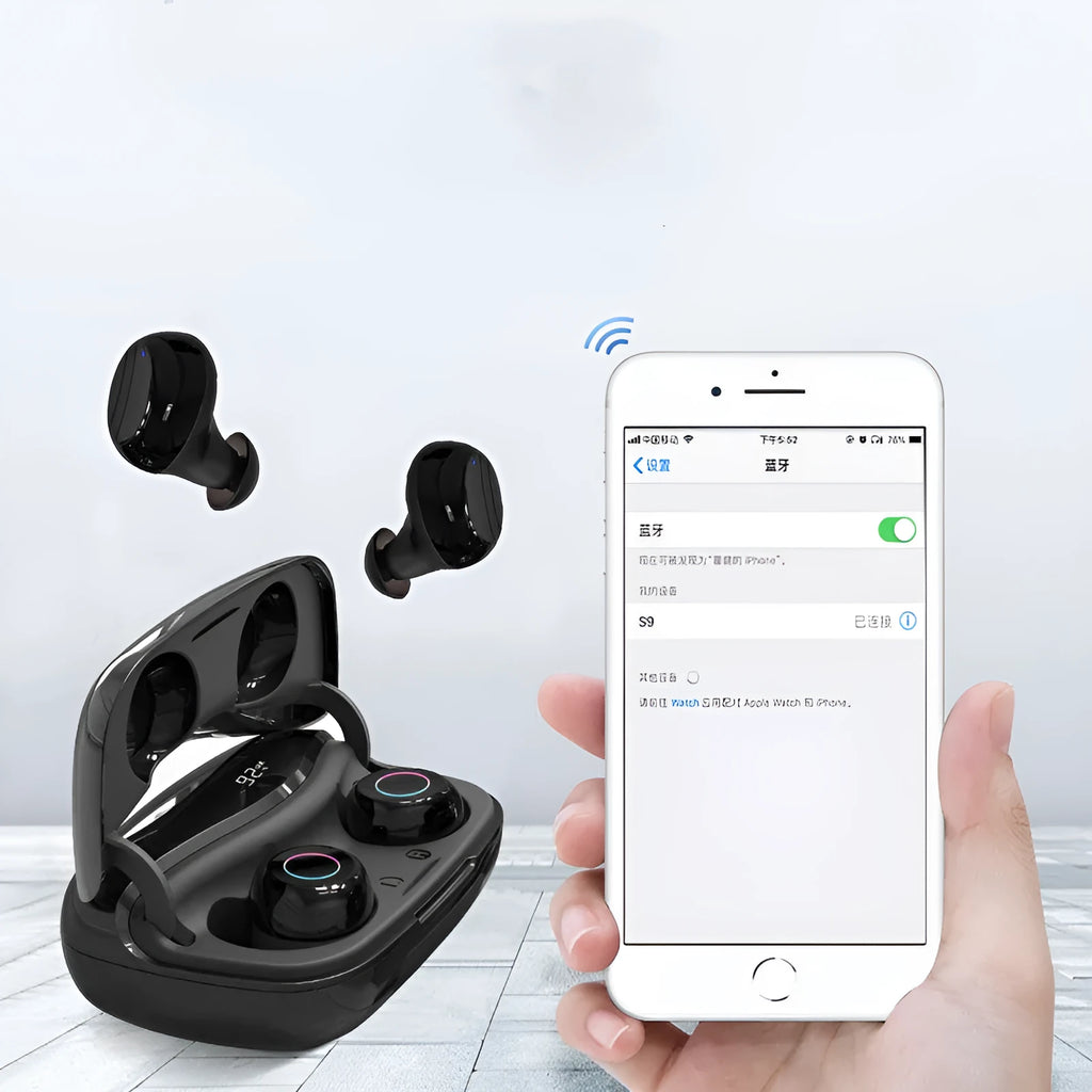 Bluetooth earphone in black with plastic body and in-ear fit for wireless music listening