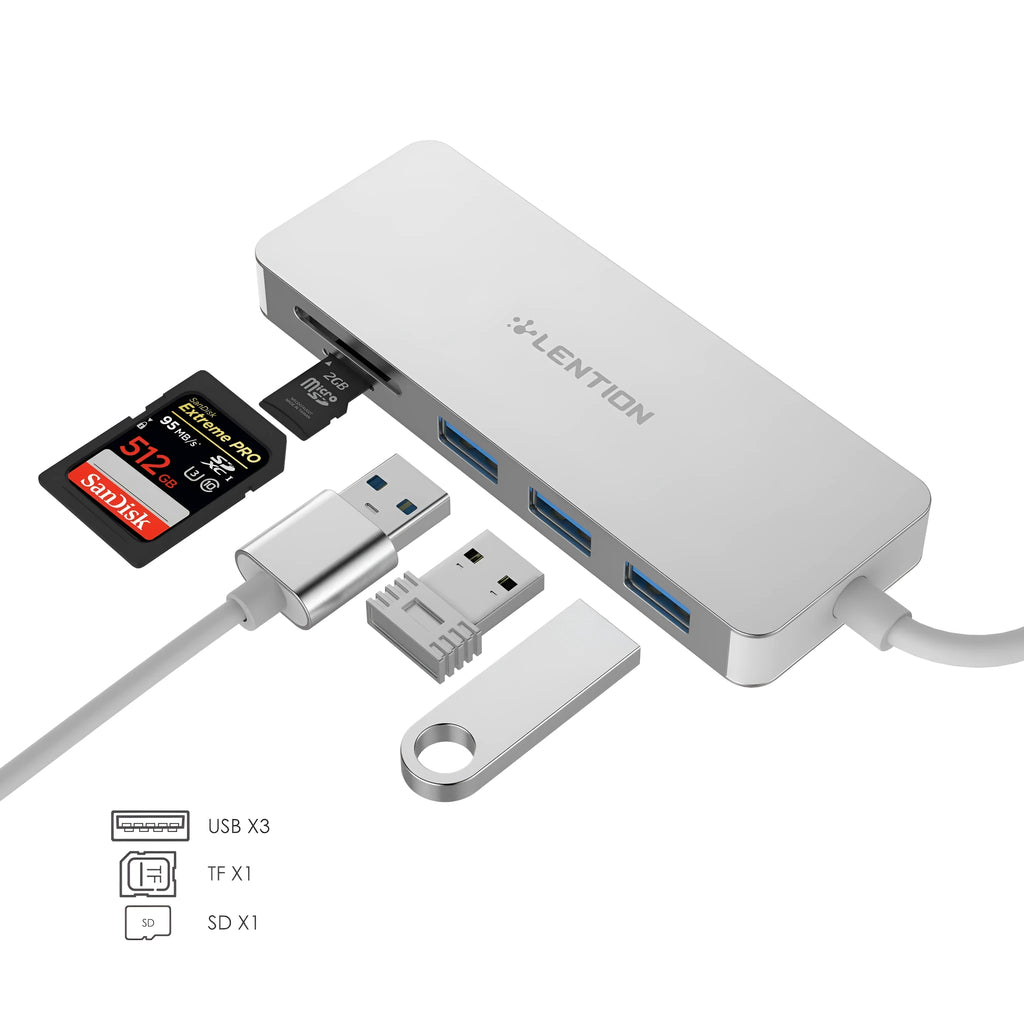USB 3.0 hub with 3 USB ports, SD and TF card slots, 11.4cm cable, dark grey
