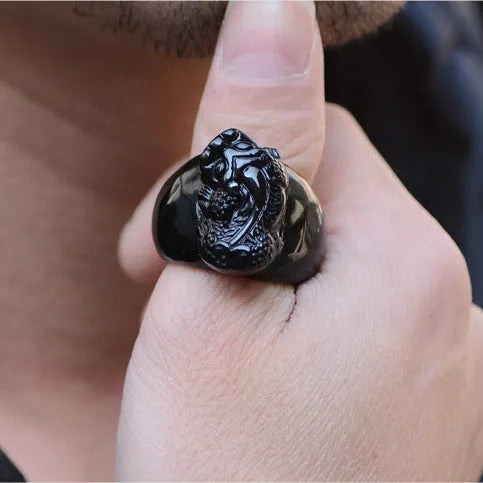 Men's obsidian pixiu thumb ring with hand-carved design and natural gold sheen accents