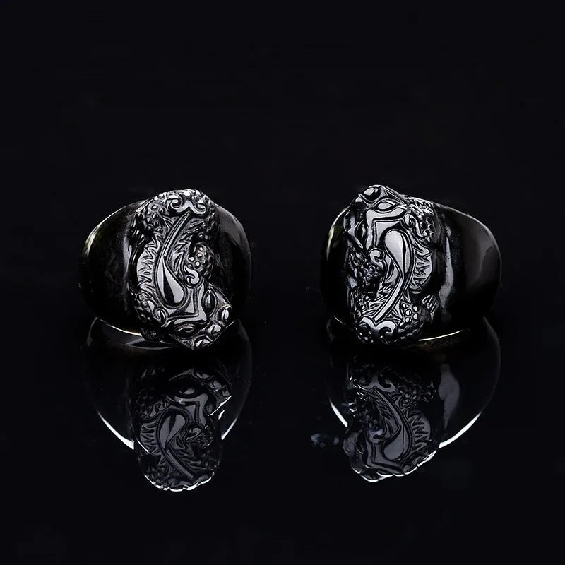 Men's obsidian pixiu thumb ring with hand-carved design and natural gold sheen accents