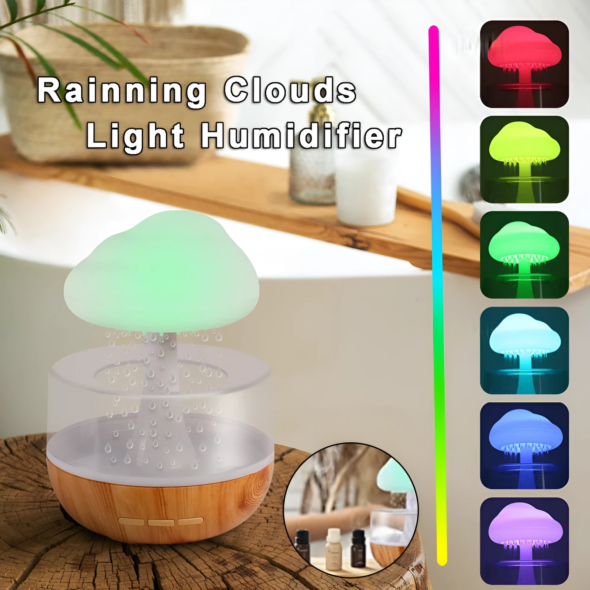 White cloud-shaped humidifier with multi-colour night light on a table.