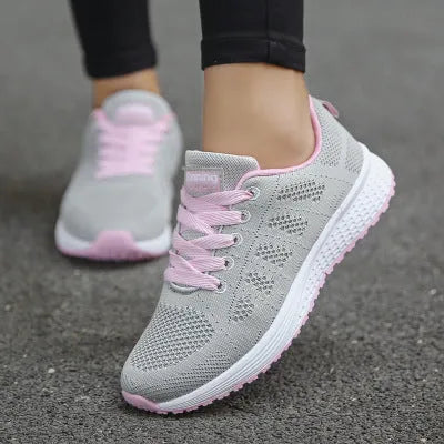 Women casual breathable mesh walking flat shoes with white flying woven upper and MD outsole