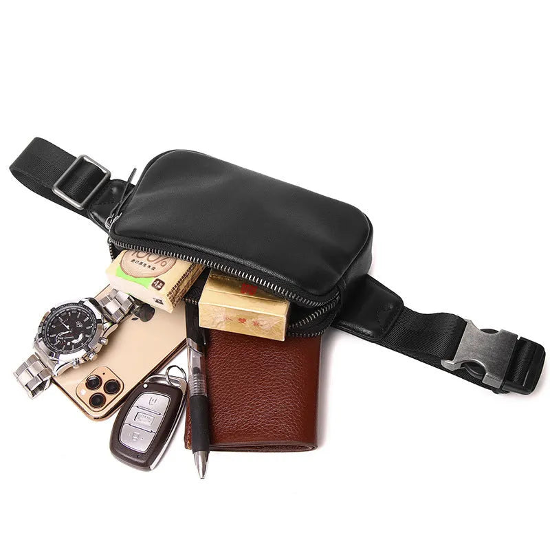 Men's small black cowhide crossbody bag showing front view with dimensions