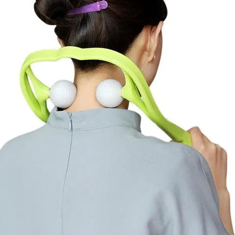 Blue plastic handheld neck massager with adjustable bracket and soft roller head on a white background.