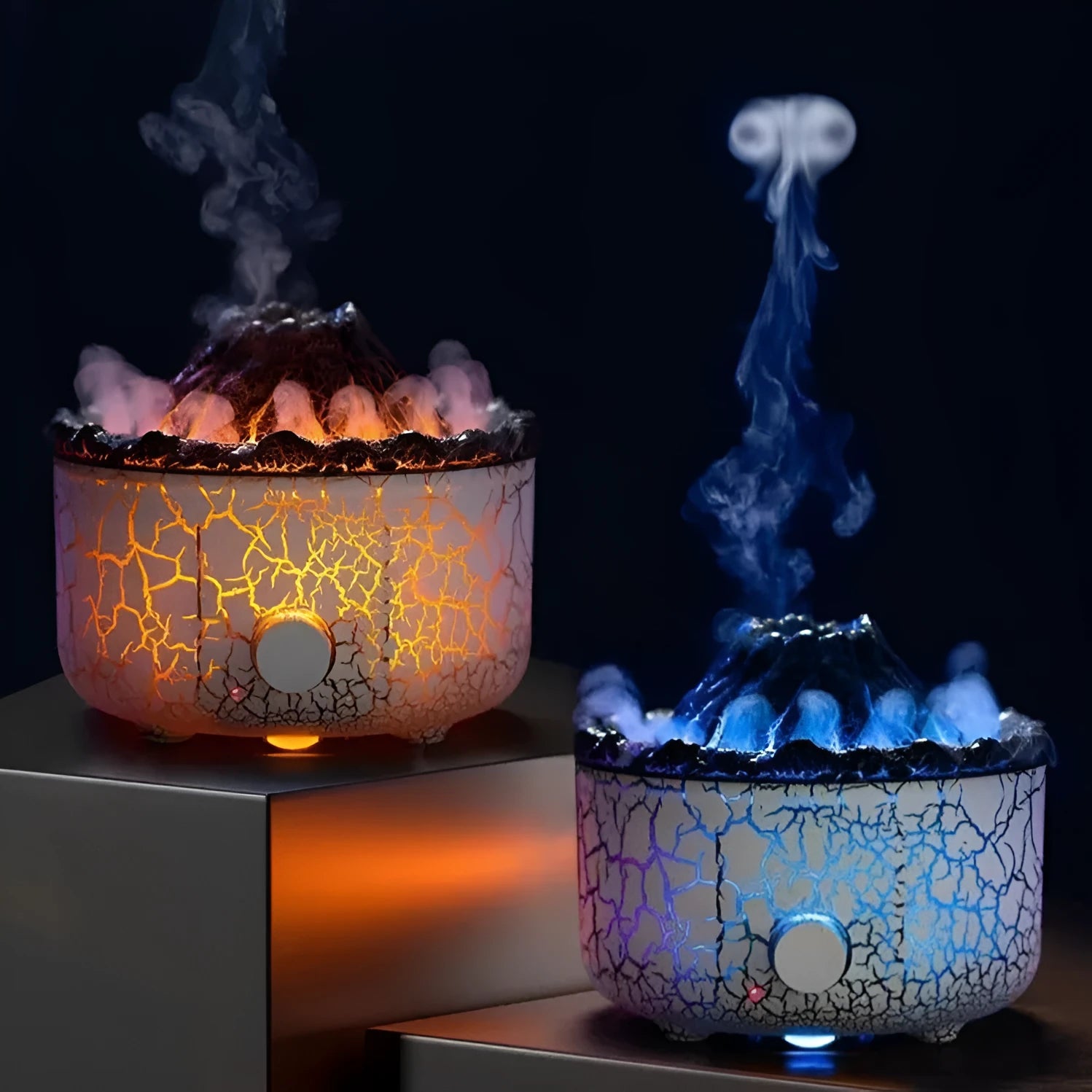 Column-shaped volcano humidifier diffuser emitting coloured mist and LED light flame effect.
