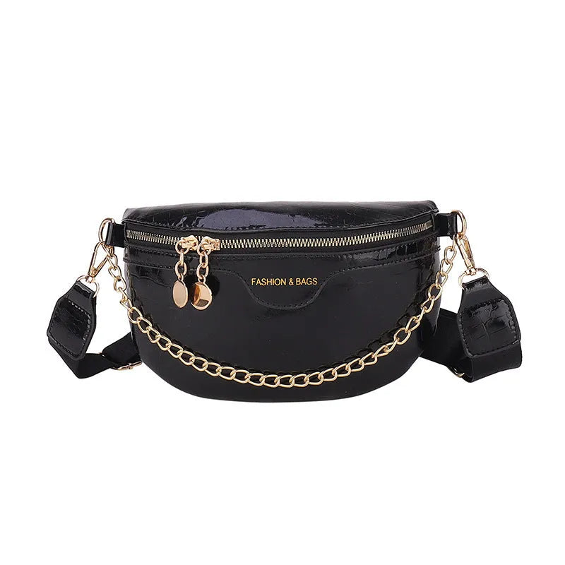 PU chain messenger bag with shoulder strap, sandwich outer pocket, silver colour on white background
