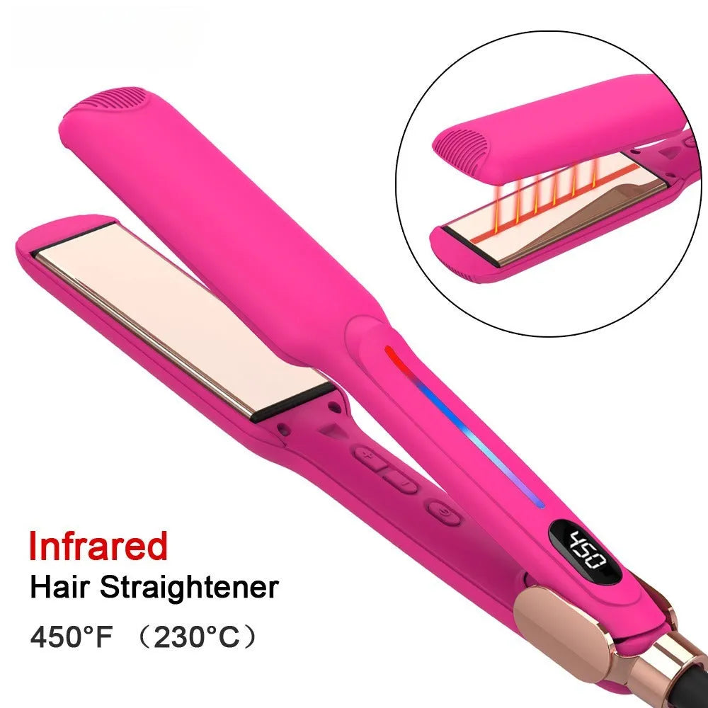 Rose red infrared hair straightener with 1.5-inch ceramic plates and negative ions