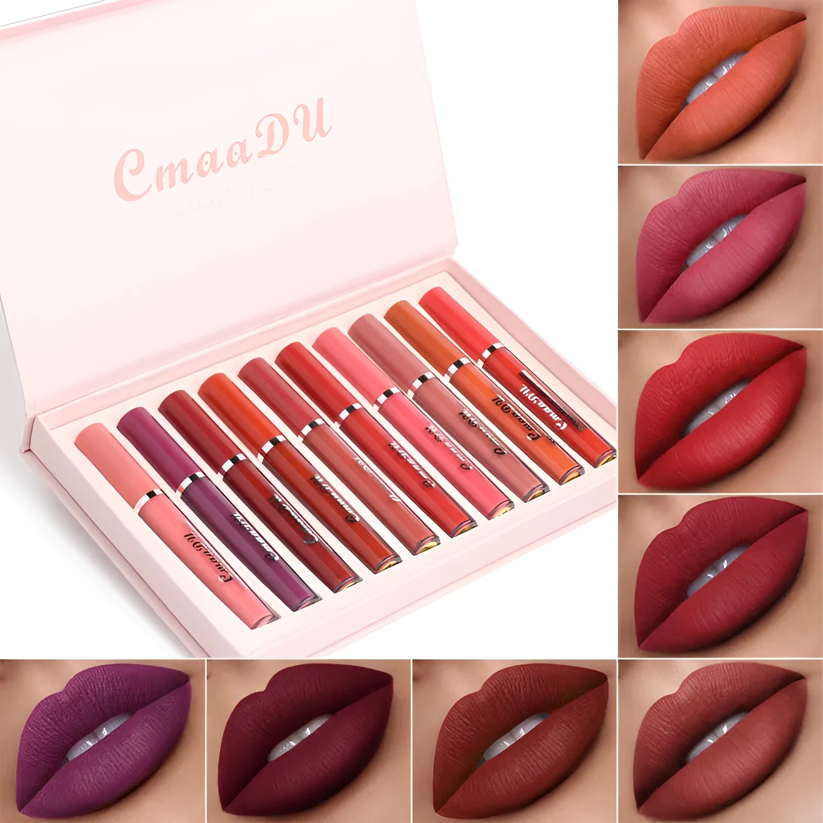 Pack of 10 women's matte lipsticks in photo colour with non-stick cup waterproof formula.