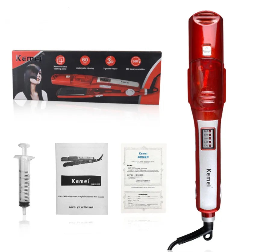 Electric hair straightener with tourmaline ceramic plates, steam hydration, and 10 temperature settings for wet and dry hair