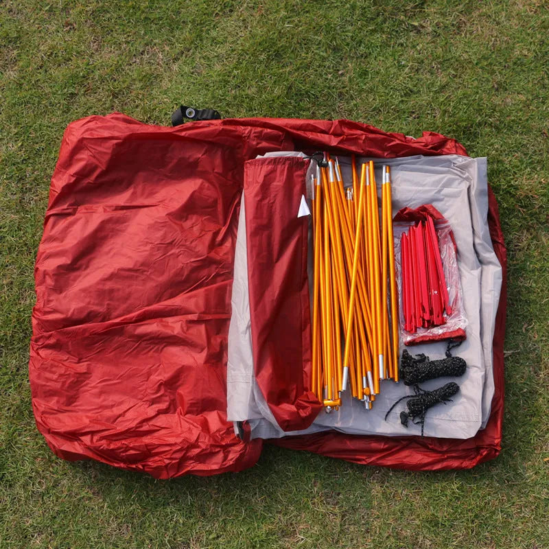 Outdoor multi-person grey tent with aluminium poles, nylon flysheet, and rain protection