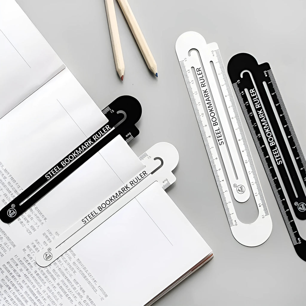 Black and white two-sided metal ruler showing 12cm measurement scales.