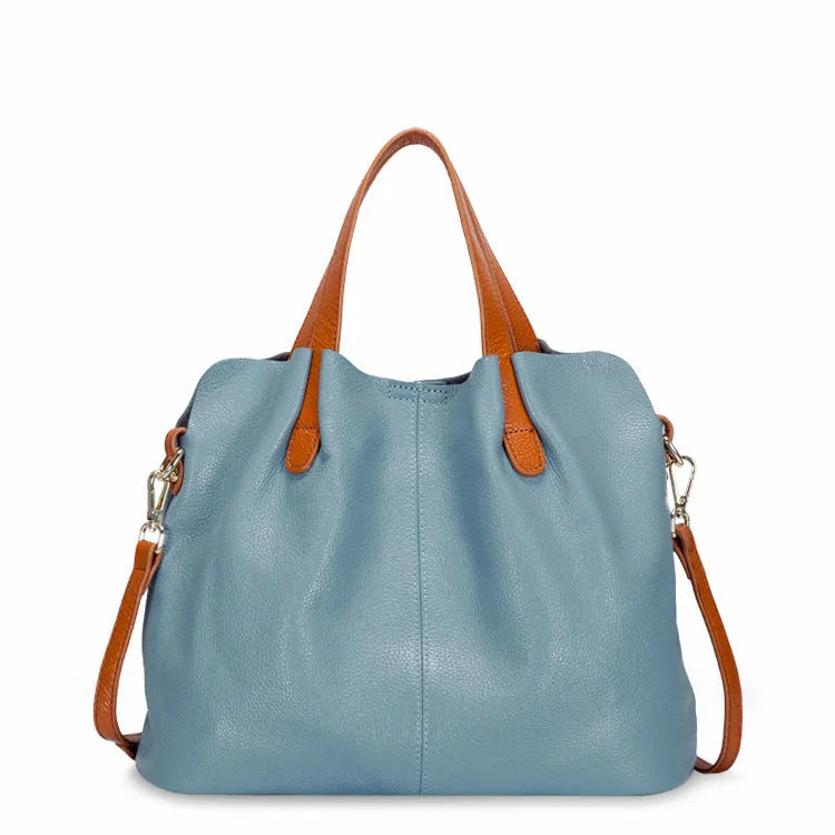 Women's soft cattle hide leather tote bag vertical square shape shoulder bag in flax blue colour