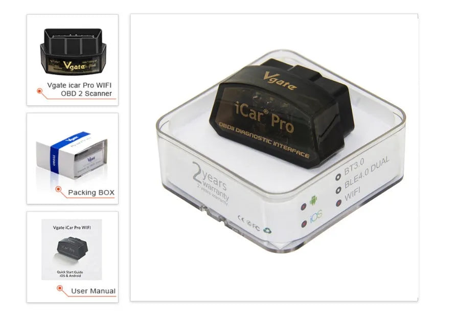 Vgate iCar Pro WiFi OBD2 adapter in black, plugged into car OBD2 port for diagnostics