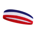 A sports headband for adults in a three-colour design, shown alongside other colour options including blue, white, and red.