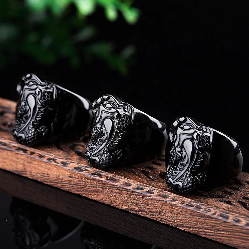 Men's obsidian pixiu thumb ring with hand-carved design and natural gold sheen accents