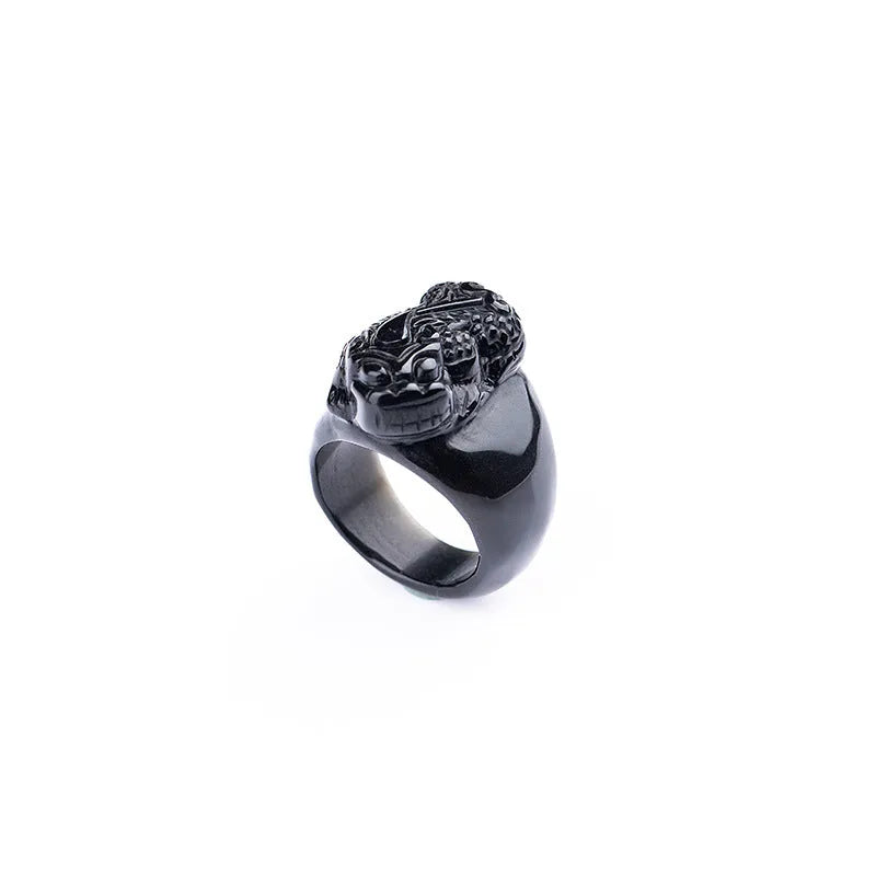 Men's obsidian pixiu thumb ring with hand-carved design and natural gold sheen accents