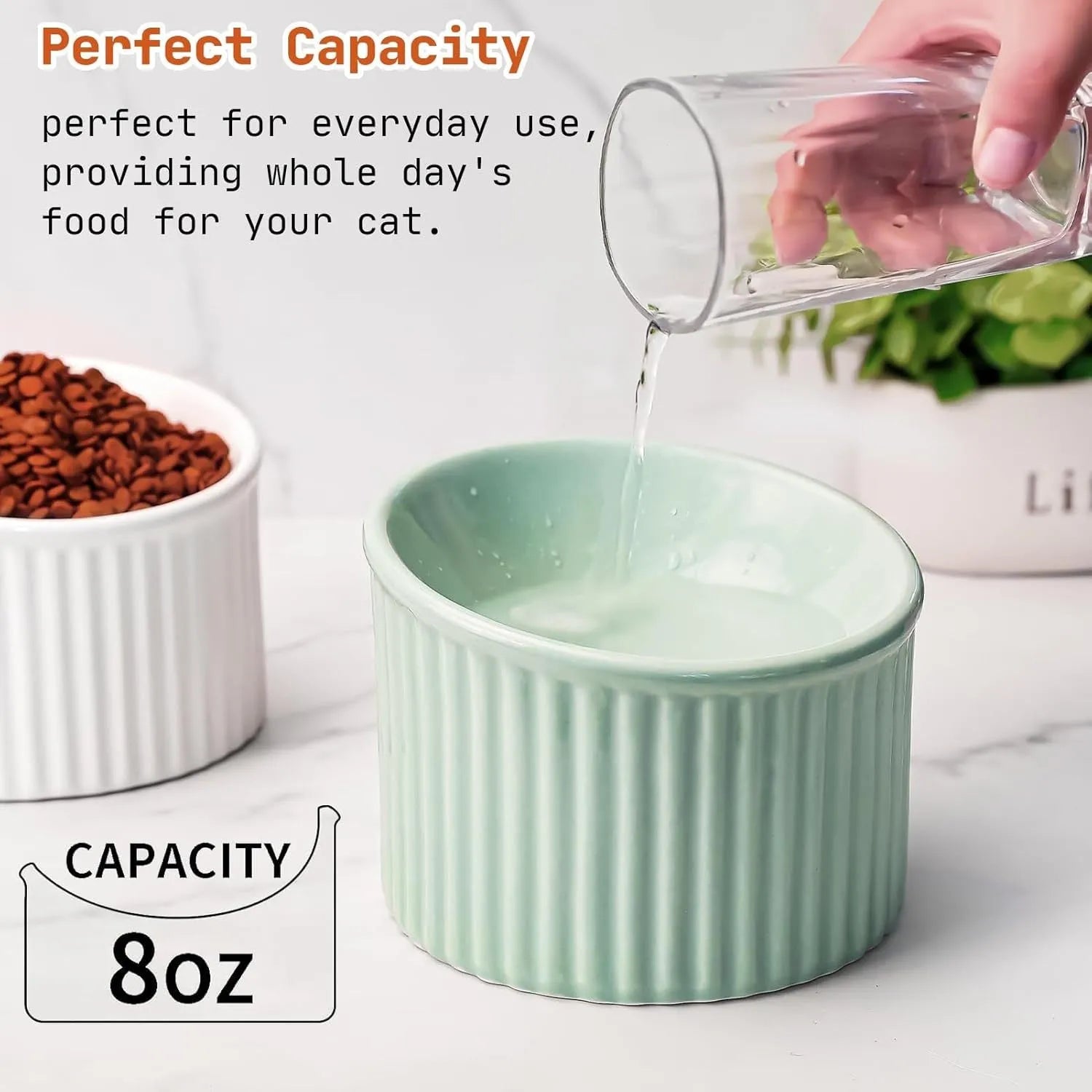 A dark green ceramic elevated cat bowl showing its raised height and round, whisker-friendly shape.