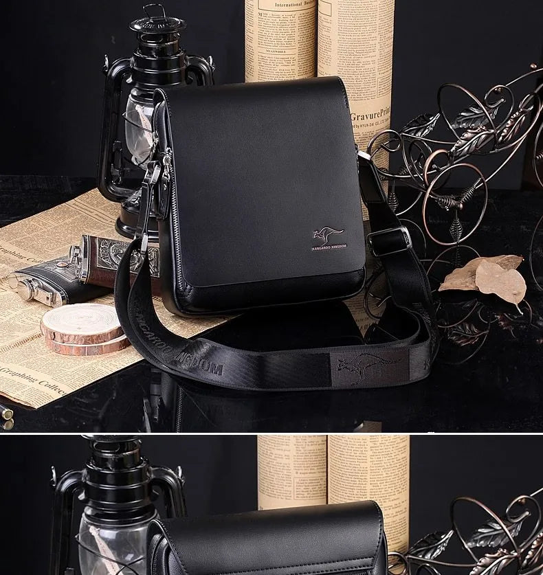 Men's PU leather messenger bag solid colour vertical model in Brown with cover closure and slit pocket