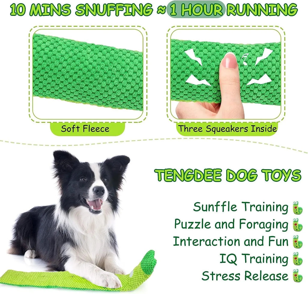 Squeak dog toy in frog snail or snake design with foraging holes and velvet texture