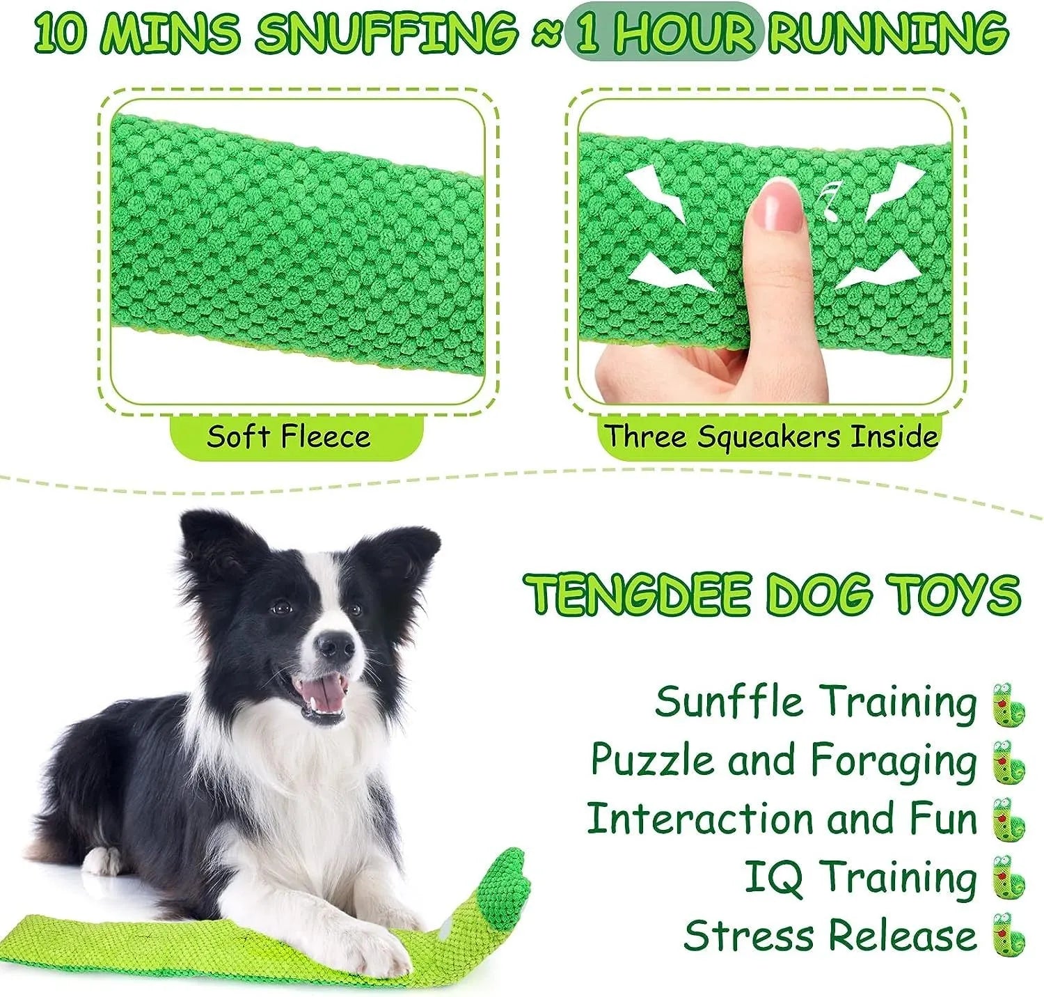 Squeak dog toy in frog snail or snake design with foraging holes and velvet texture