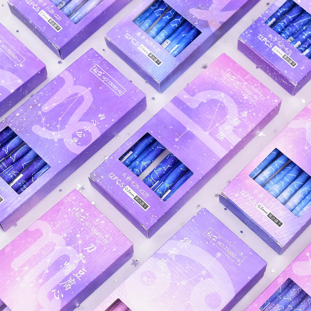 Boxed set of 12 constellation-themed quick-drying gel pens with plastic barrels.