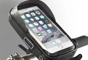 Black nylon cycle mobile phone bracket bag with 6.0 inch screen window, water resistant, anti-glare visor, and tool-free adjustable base