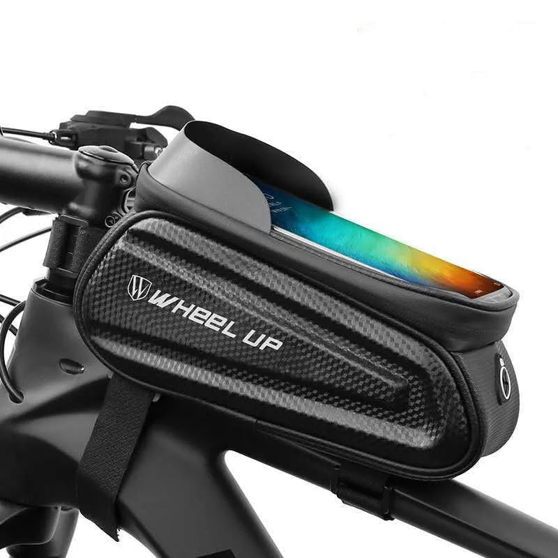 Black grey bicycle bag with reflective strips and Velcro straps for mountain bike mobile phone storage