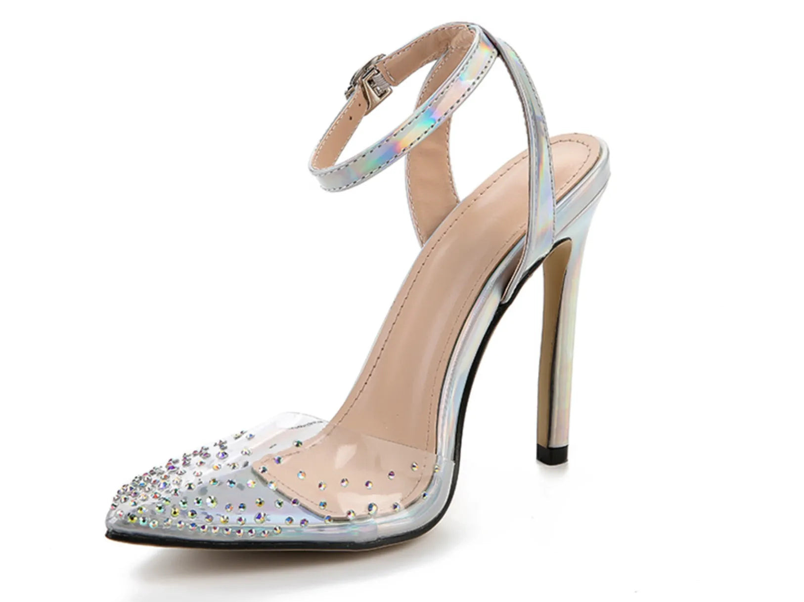 Women's pointed-toe sandals with diamond decoration and a thin stiletto heel.