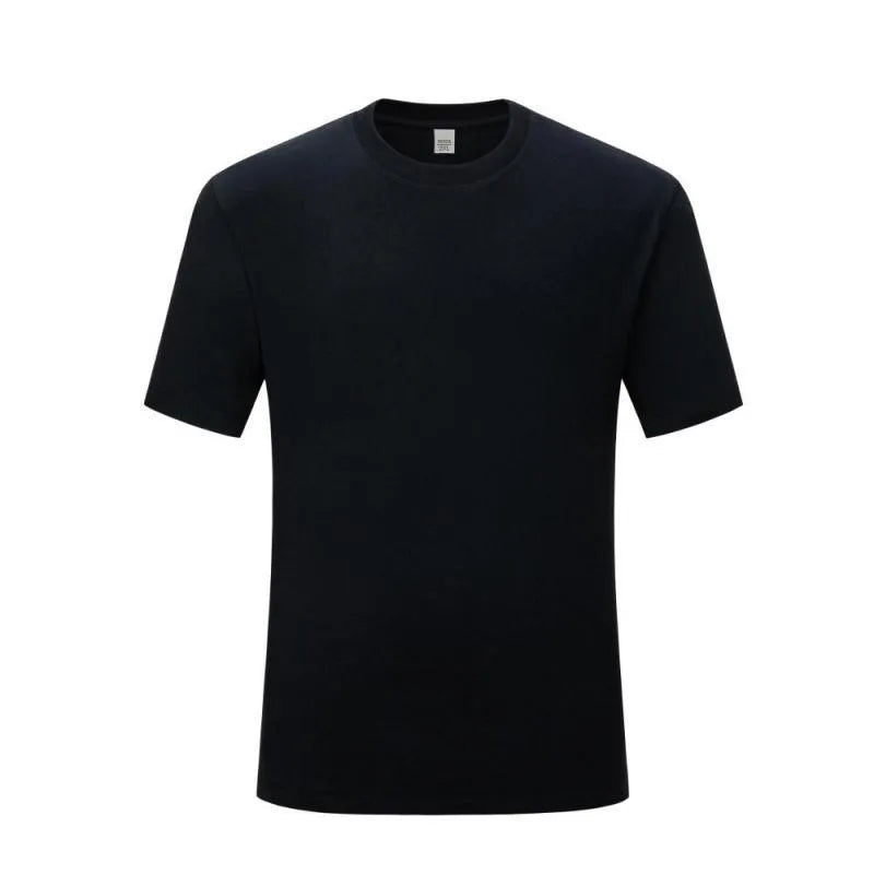Men's solid colour cotton short sleeve t-shirt on a hanger, shown in black and white options.