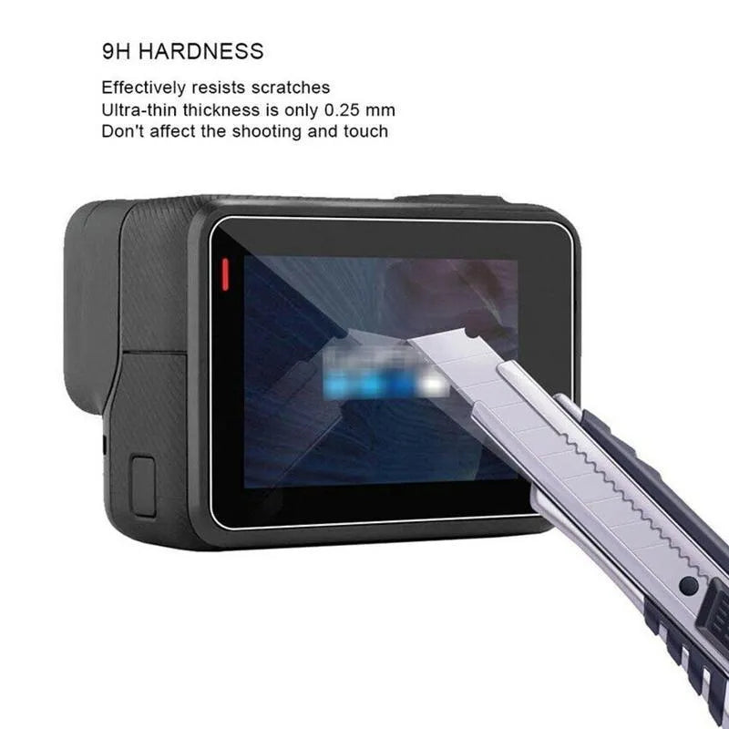 9H tempered glass screen protector and lens film for GoPro Hero 5, 6, and 7 action cameras.