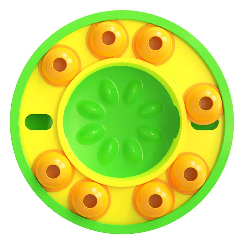 Green plastic interactive dog puzzle toy slow feeder bowl with non-slip base and food turntable.