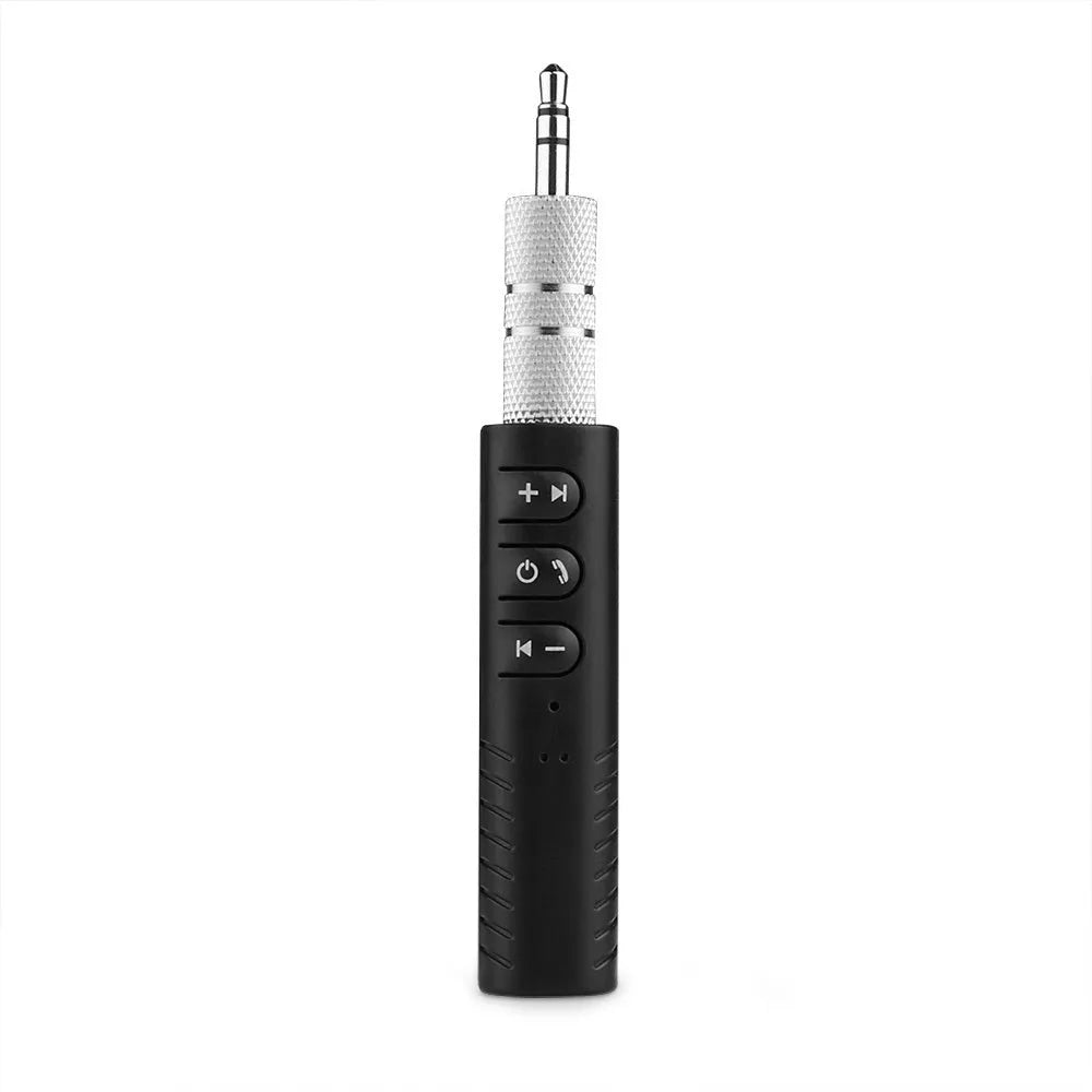 Black Bluetooth car audio adapter with 3.5mm aux connector and Mini USB charging port