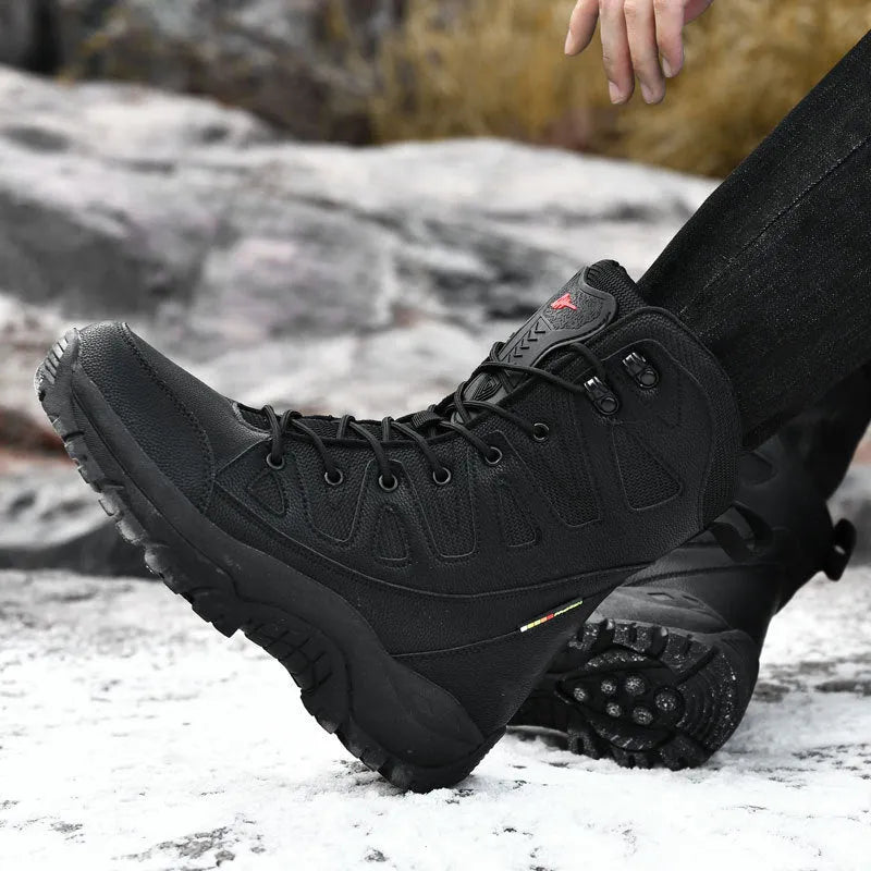 Beige cowhide leather hi-top hiking shoes with a platform sole on a neutral background.