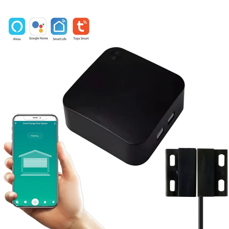 Black WiFi garage door controller with mounting accessories and user manual