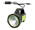 Green USB rechargeable LED flashlight with super bright beam showing 500m range