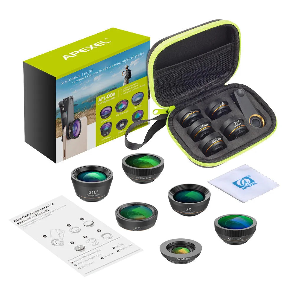 Black universal smartphone lens kit with six detachable lenses including fisheye, macro, and telephoto, shown with clip and case.