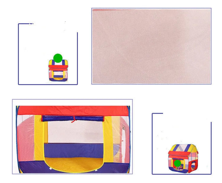 Outdoor children's play tent with roll-up curtains in garden setting