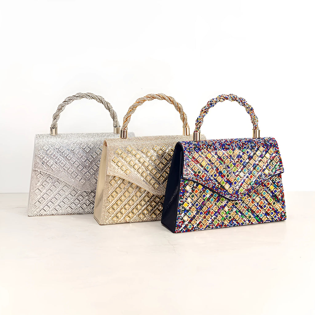 European American retro hard horizontal square crossbody bag with diamond inlay in gold