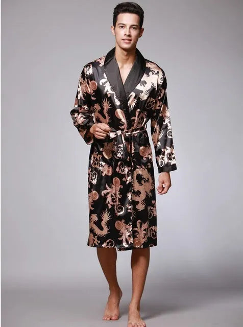 Men's silk robe in Dragon style with V-neck and long sleeves, available in multiple colours and sizes