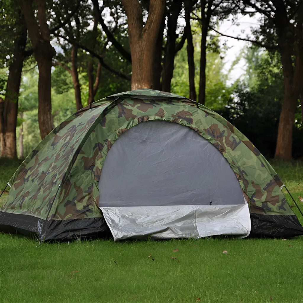 Green and brown camouflage pattern two-person camping tent with mesh windows, shown pitched outdoors.