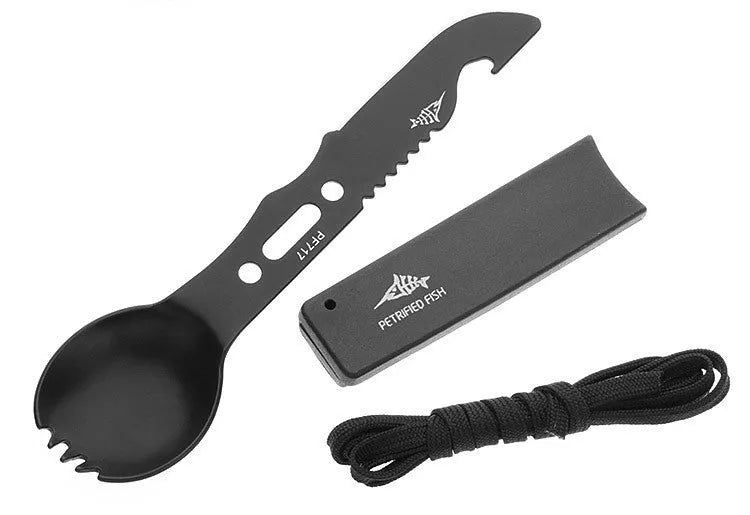 Outdoor spoon fork knife set with whistle, 15.7cm stainless steel camping multi-tool in black and green