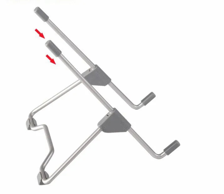 Grey aluminium alloy adjustable stand holding a mobile phone and a laptop at an angle.