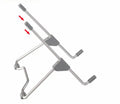 Grey aluminium alloy adjustable stand holding a mobile phone and a laptop at an angle.