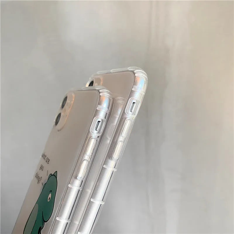 Transparent airbag iPhone case with dinosaur design on clear silicone and TPU back cover