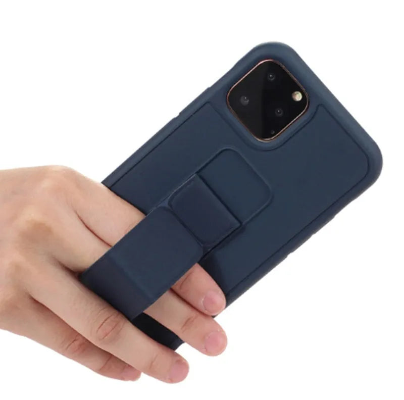 Leather wrist phone case for iPhone in black with TPU rear cover and wrist band