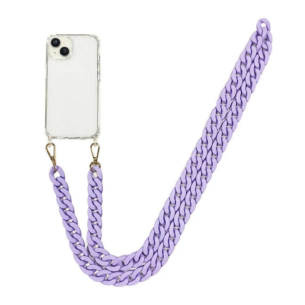 Frosted handle chain shoulder phone cover in liquid silicone for iPhone, shown in pink, purple and black