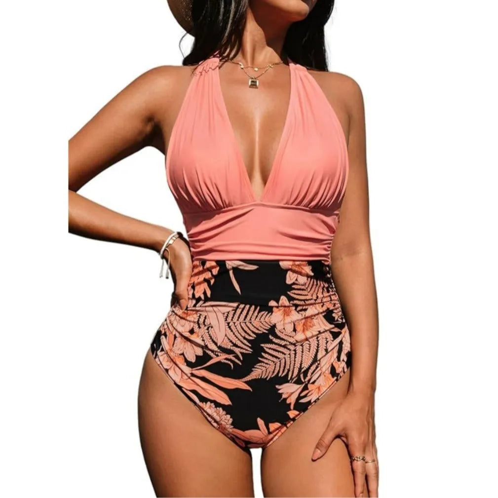 Women's backless halter one-piece swimsuit in quick-dry polyester, showing floral and leopard print options.