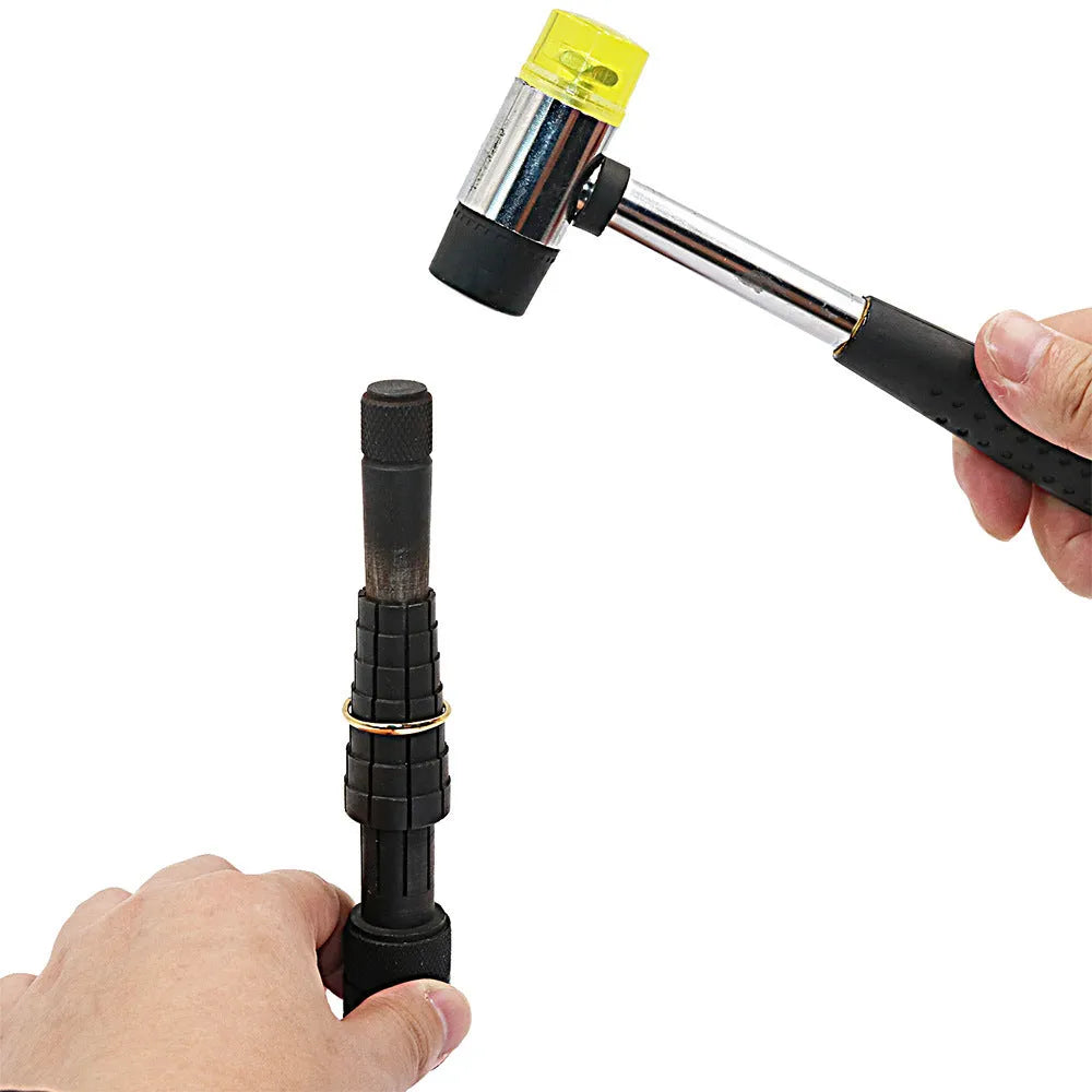 Plastic ring expansion tool with circular stretcher design for resizing metal jewellery bands.